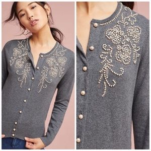 Anthropologie Pearl Embellished Floral Cardigan